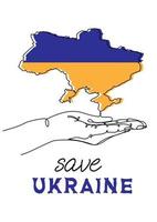 sauver l'ukraine. dessin continu d'une ligne de main avec carte ukrainienne dans les couleurs bleu et jaune du drapeau ukrainien vecteur