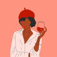 portrait abstrait de femme avec des verres de vin. femme boit du vin. amoureux de la vigne minimaliste. illustration vectorielle à la mode isolée sur fond blanc vecteur