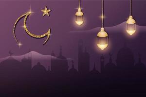 bannière 3d pour la célébration du mois sacré de la communauté musulmane. notion religieuse. silhouette de mosquée islamique avec lune d'or, lanterne. carte de voeux eid mubarak. illustration vectorielle dans un style réaliste vecteur