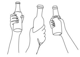 les mains tintent les bouteilles de bière. journée nationale de la bière. illustration vectorielle d'une ligne dessinée à la main isolée sur fond blanc. vecteur