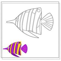 page d'un livre de coloriage, poisson violet à rayures jaunes. version couleur et croquis. livre de coloriage pour les enfants. illustration vectorielle isolée sur fond blanc vecteur