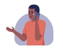 dire de mauvaises nouvelles sur l'illustration isolée de vecteur 2d de téléphone. homme qui pleure avec un smartphone se sentant anxieux personnage plat sur fond de dessin animé. scène modifiable colorée pour mobile, site Web, présentation