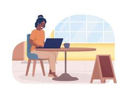 travail à distance sur la terrasse du café illustration vectorielle 2d isolée. femme assise à l'extérieur du personnage plat du café sur fond de dessin animé. scène modifiable colorée pour mobile, site Web, présentation vecteur
