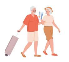 couple plus âgé partant en vacances à l'étranger caractères vectoriels de couleur semi-plats. chiffres modifiables. personnes de tout le corps sur blanc. illustration de style dessin animé simple pour la conception graphique et l'animation web vecteur