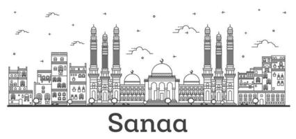décrire les toits de la ville de sanaa yémen avec des bâtiments historiques isolés sur blanc. vecteur