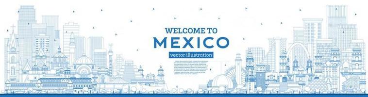 contour bienvenue à l'horizon de la ville de mexico avec des bâtiments bleus. vecteur