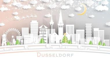 horizon de la ville de dusseldorf en allemagne dans un style découpé en papier avec des flocons de neige, une lune et une guirlande de néons. vecteur