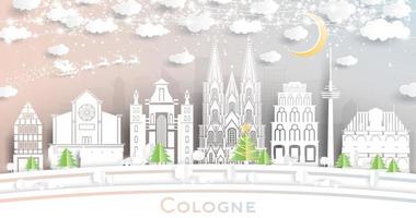 cologne allemagne toits de la ville en papier découpé avec guirlande de flocons de neige, de lune et de néon. vecteur