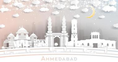 ahmedabad inde toits de la ville en papier découpé avec guirlande de flocons de neige, de lune et de néon. vecteur