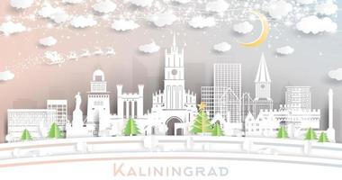 horizon de la ville de kaliningrad en russie dans un style découpé en papier avec des flocons de neige, une lune et une guirlande de néons. vecteur