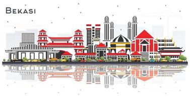 horizon de la ville de bekasi indonésie avec des bâtiments de couleur et des reflets isolés sur blanc. vecteur