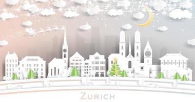 toits de la ville de zurich suisse en papier découpé avec guirlande de flocons de neige, de lune et de néon. vecteur