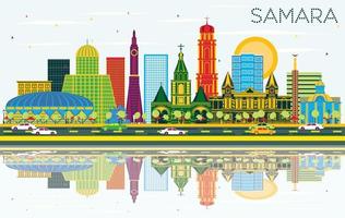 horizon de la ville de samara russie avec des bâtiments de couleur, un ciel bleu et des reflets. vecteur