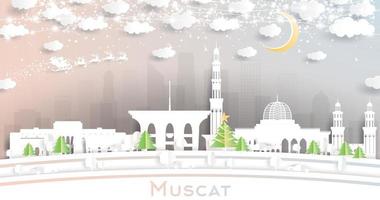 horizon de la ville de muscat oman dans un style papier découpé avec des flocons de neige, une lune et une guirlande de néons. vecteur