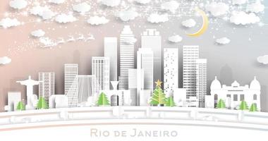 horizon de la ville de rio de janeiro au brésil dans un style découpé en papier avec des flocons de neige, une lune et une guirlande de néons. vecteur