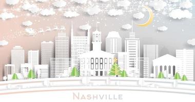 nashville tennessee usa city skyline en papier découpé avec guirlande de flocons de neige, de lune et de néon. vecteur