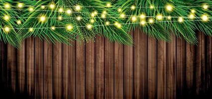 branches de sapin avec guirlande de néon sur fond en bois. brins de pin. décoration de noël et du nouvel an. vecteur