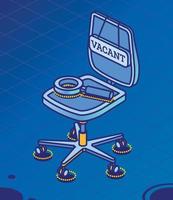 chaise de bureau vide avec signe de vacance et loupe. rechercher des employés à l'entreprise. vecteur