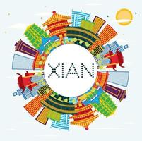 horizon de la chine xian avec bâtiments de couleur, ciel bleu et espace de copie. vecteur