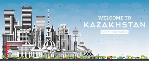 bienvenue au kazakhstan. toits de la ville avec des bâtiments gris et un ciel bleu. vecteur