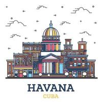 contours de la ville de la havane cuba avec des bâtiments historiques colorés isolés sur blanc. vecteur