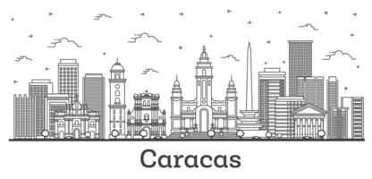 contours de la ville de caracas venezuela avec des bâtiments modernes et historiques isolés sur blanc. vecteur