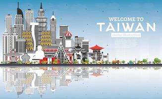 bienvenue à l'horizon de la ville de taïwan avec des bâtiments gris, un ciel bleu et des reflets. vecteur