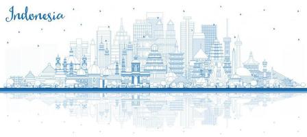 contour des villes d'indonésie avec des bâtiments bleus et des reflets. vecteur