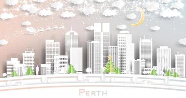horizon de la ville de perth australie dans un style de papier découpé avec des flocons de neige, une lune et une guirlande de néons. vecteur