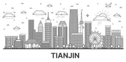 Décrire les toits de la ville de Tianjin en Chine avec des bâtiments modernes isolés sur blanc. vecteur