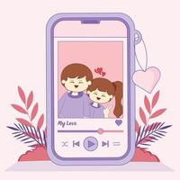 illustration du téléphone portable de la saint-valentin avec de la musique romantique en illustration plate simple dessin vectoriel mignon et élégant