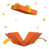 boîte-cadeau orange ouverte surprise isolée avec un style 3d de ruban d'or vecteur