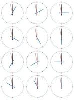 un ensemble d'horloges mécaniques avec une image de chacune des douze heures. cadran d'horloge sur fond blanc. vecteur