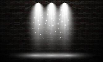 mur de briques avec spots lumineux. trois effets de lumières isolés de couleur blanche sur fond de mur de briques sombres. illustration vectorielle vecteur