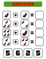 ajout d'aubergines. une tâche pour les enfants. fiche de développement pédagogique. page d'activité en couleur. un jeu pour les enfants vecteur