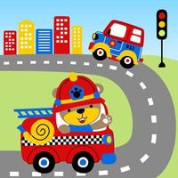 véhicule de sauvetage avec un ours mignon sur la route de la ville, illustration de dessin animé vectoriel