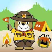 ours mignon en uniforme de scout avec des éléments de camping, illustration de dessin animé vectoriel