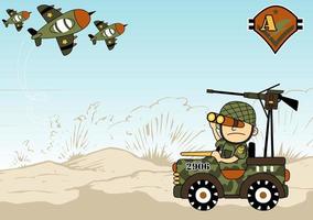 un soldat conduisant une voiture militaire avec un avion de chasse dans le champ de bataille, illustration vectorielle de dessin animé vecteur