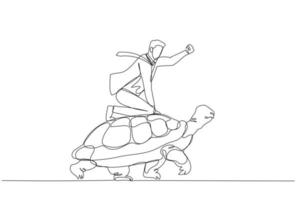 homme d'affaires à cheval rapide sur un concept de tortue de développement à grande vitesse sur un paysage lent. style d'art en ligne unique vecteur