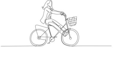 illustration d'une femme d'affaires faisant du vélo à grande vitesse tous les gaz sans pause. dessin au trait continu vecteur