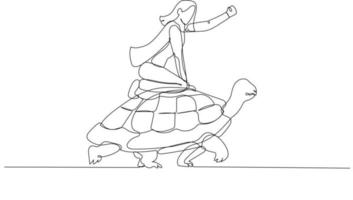 dessin animé d'une femme d'affaires à cheval rapide sur un concept de tortue de développement à grande vitesse sur un paysage lent. style d'art en ligne continue unique vecteur