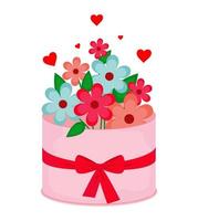illustration vectorielle. un bouquet de fleurs dans une boîte rose avec un arc. vacances vecteur