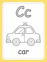 carte de livre de coloriage alphabet pour les enfants avec la lettre c et la voiture. carte éducative pour les enfants. le mot voiture, l'alphabet anglais. illustration vectorielle. vecteur