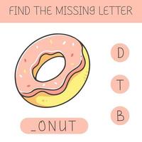 trouver la lettre manquante est un jeu éducatif pour les enfants avec un beignet. beignet de dessin animé mignon. pratiquer l'alphabet anglais. illustration vectorielle. vecteur