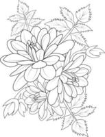 art de croquis de fleur de dahlia, style vintage imprimé pour des pages à colorier de fleurs mignonnes.illustration vectorielle d'une belle fleur avec un bouquet de dahlia nénuphar et de feuilles. isolé sur fond blanc. vecteur