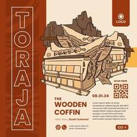 cercueil en bois kete 'kesu, tana toraja culture indonésie illustration dessinée à la main vecteur