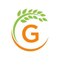 logo de l'agriculture sur le concept de lettre g. agriculture et pâturage agricole, lait, logo de la grange vecteur