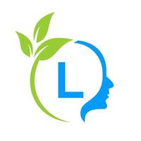 cerveau de petit arbre sur la création de logo de lettre l. modèle de signe de tête de feuille soins de santé et fitness, vecteur de concept de tête de pensée éco feuille