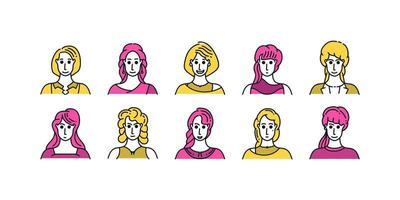 ensemble d'avatars de personnes avec un style de dessin animé minimal et diverses expressions. collection de personnages féminins vecteur