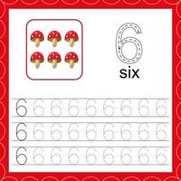 cartes avec des chiffres pour les enfants. tracer la ligne. pour les enfants qui apprennent à compter et à écrire. numéro six. compter le jeu des champignons. vecteur